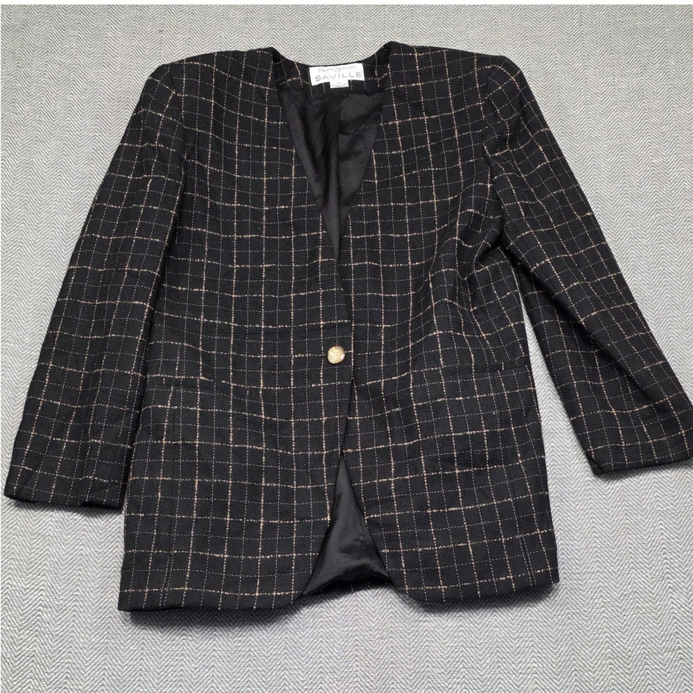 Rena Rowan Saville Vintage Black Tan Grid Collarless Blazer Jacket Size 10 USA